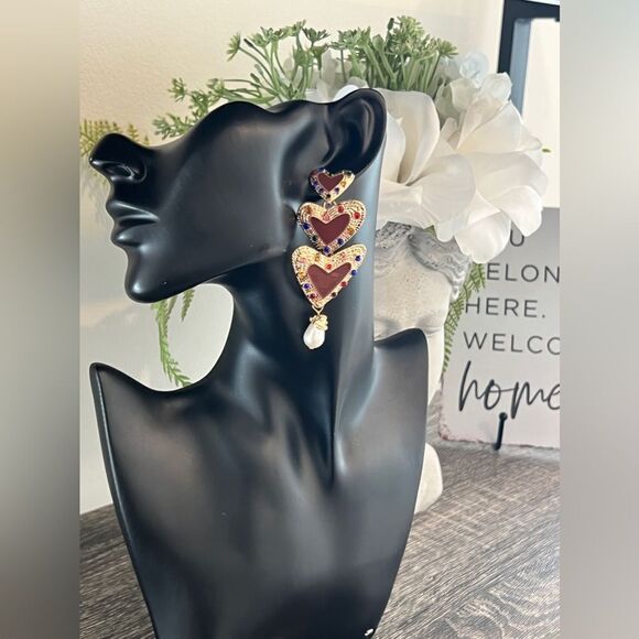 Bold Multi-Heart Statement Earrings with Colorful Gems and Pearl Drop - Picture 7 of 7